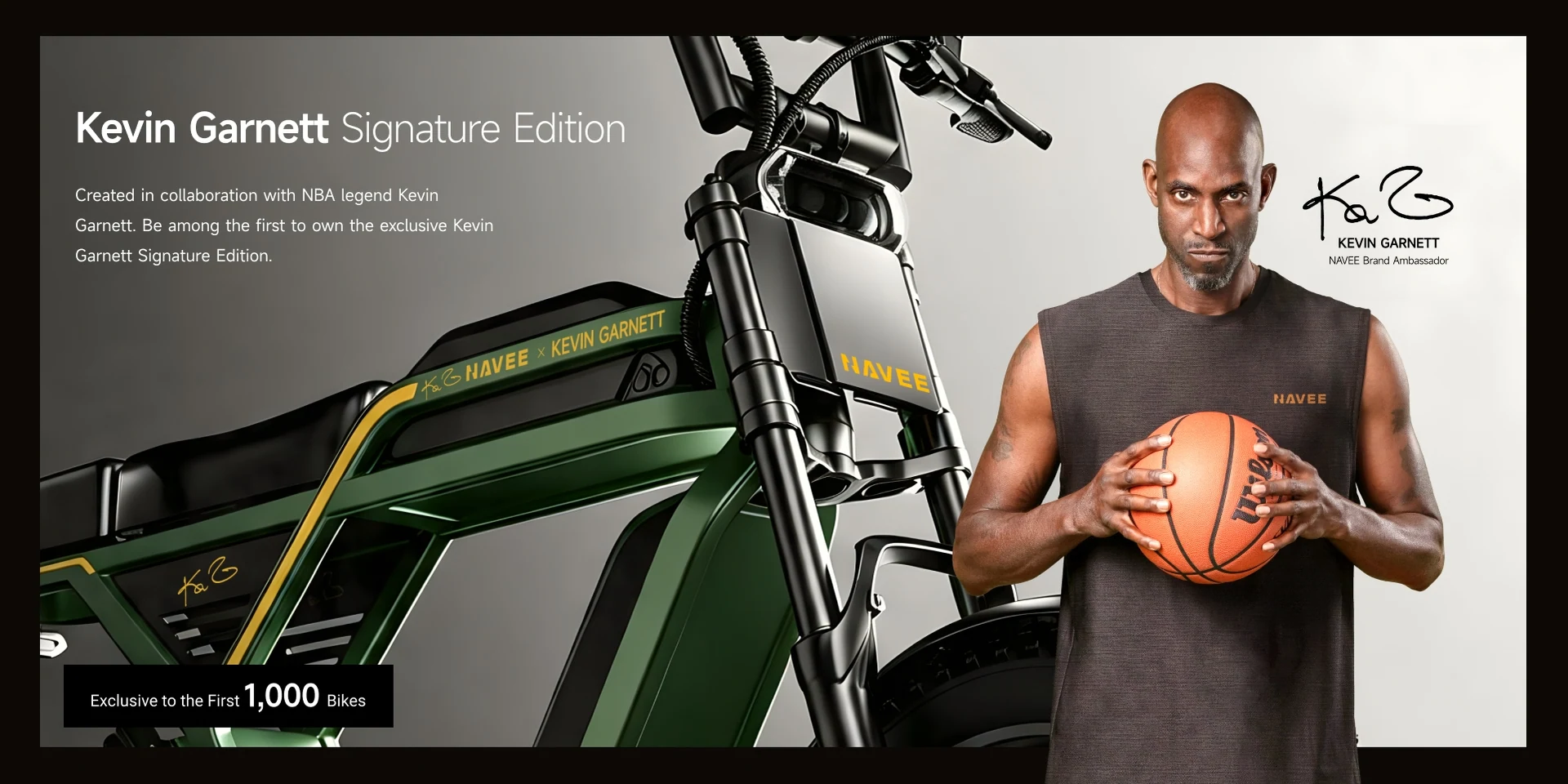 NAVEE × Kevin Garnett Signature Edition KG05 electric bike, in green with gold detailing, alongside NBA legend and NAVEE brand ambassador Kevin Garnett. Exclusive to the first 1,000 bikes.